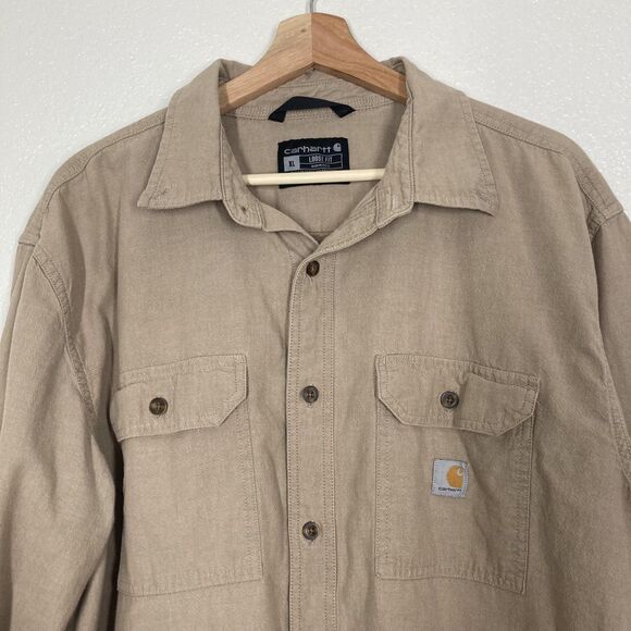 Carhartt Shirt Mens XL Khaki Button Up Long Sleeve Workwear Loose Fit Cotton - Picture 3 of 16